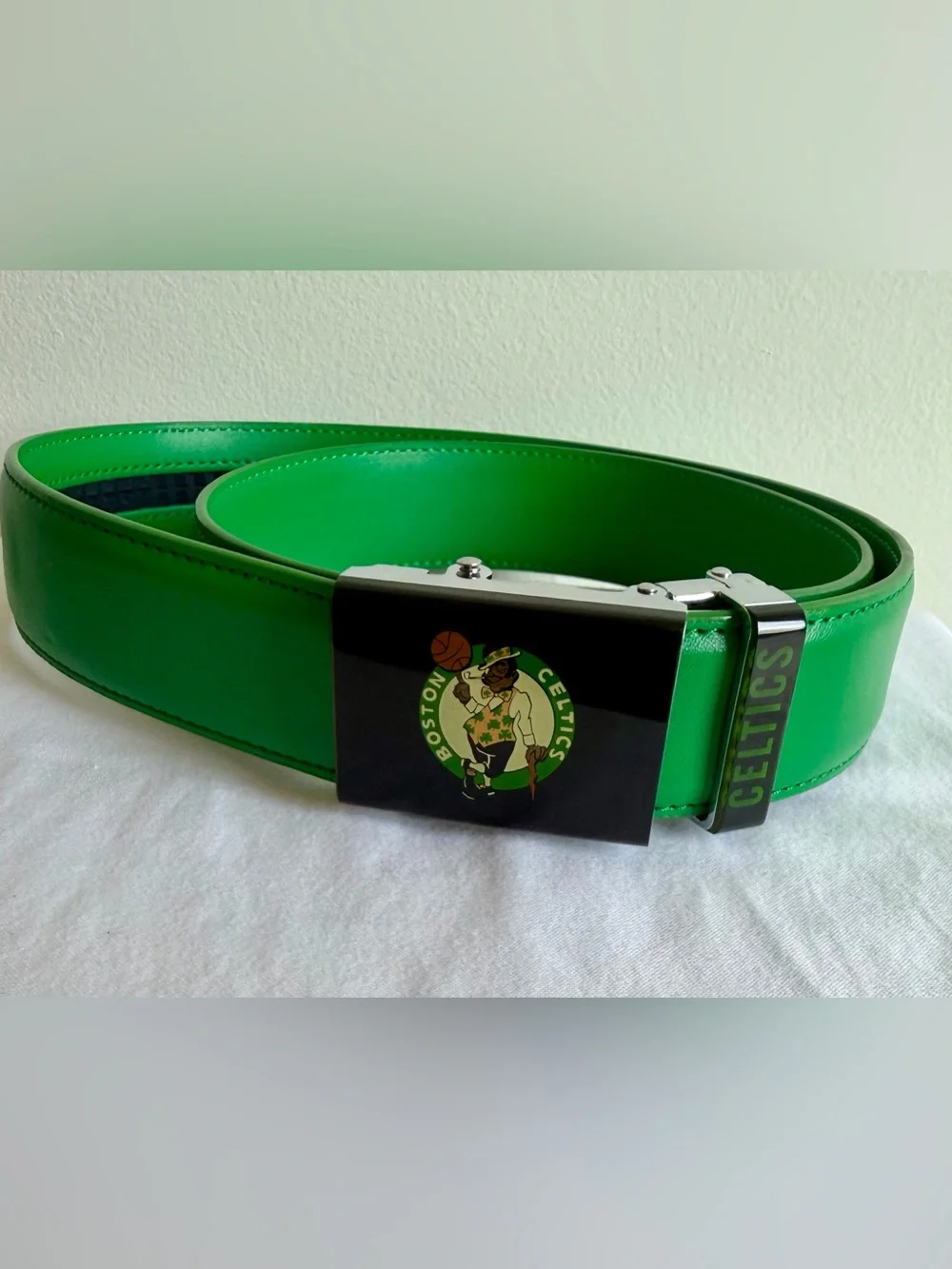Green Leather Belt Strap with Embossed Text